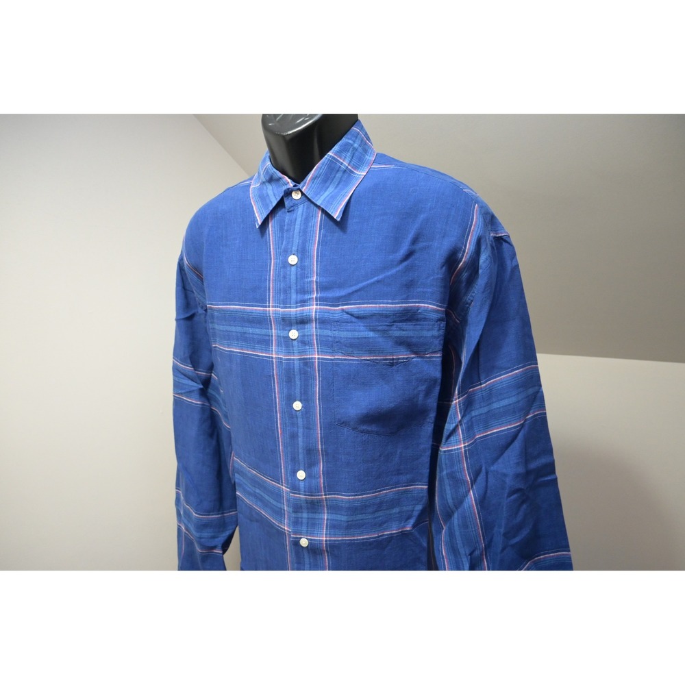 Nautica Button Down Shirt Mens Large Blue Plaid 100% Linen Long Sleeve Excellent